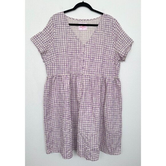 Tuesday of California Grid Print Cotton Linen Mini Dress Purple Women's Plus 1X - Picture 1 of 9